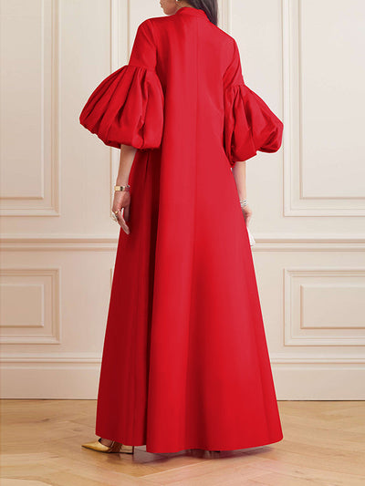 Loose Flower Shape Solid Color Stand Collar Lantern Sleeves Maxi Dresses