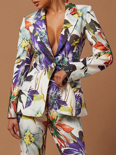 Long Sleeves Floral Printed Split-Joint Lapel Blazer Suit Outerwear
