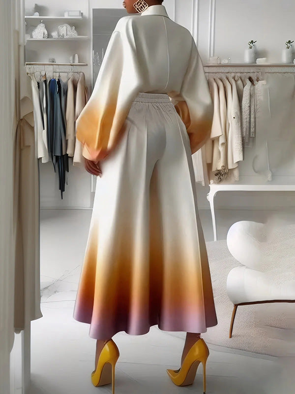 Loose Puff Sleeves Gradient Split-Joint Lapel Blouses&Shirts Tops