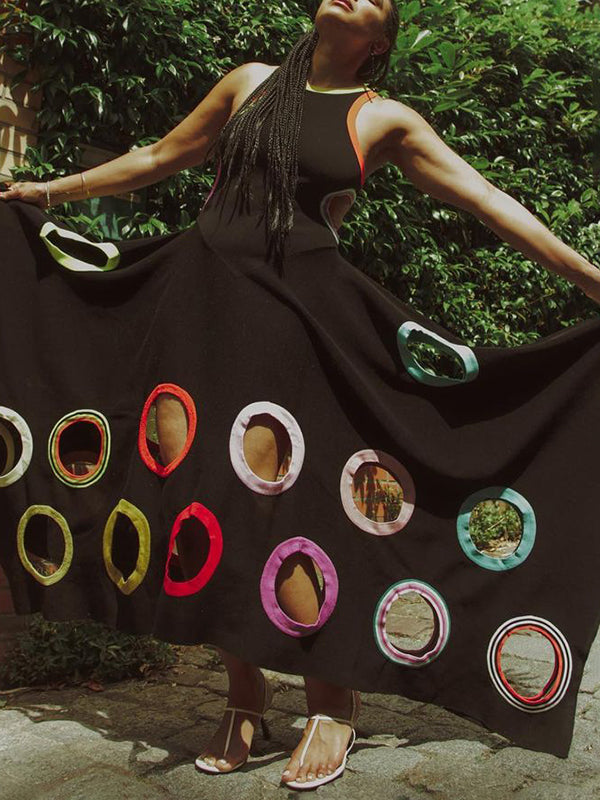 A-Line High Waisted Contrast Color Hollow Round-Neck Maxi Dresses