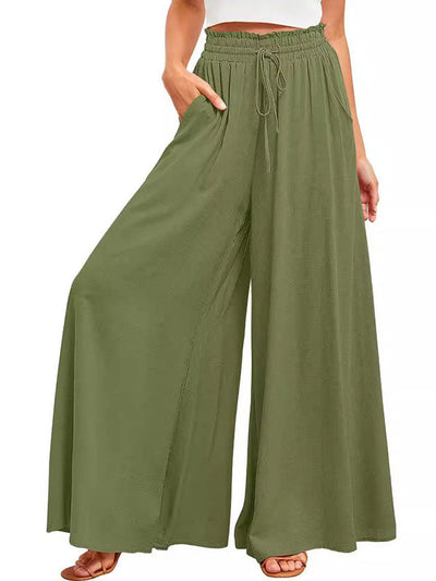 High Waisted Loose Drawstring Elasticity Pockets Solid Color Pants Trousers