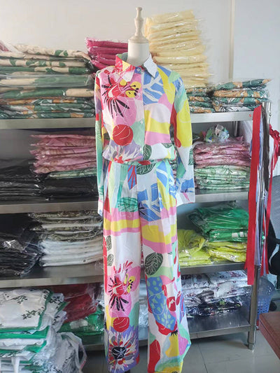 Contrast Color Printed Long Sleeves Buttoned Lapel Blouses Top+ High Waisted Pants Bottom Two Pieces Set