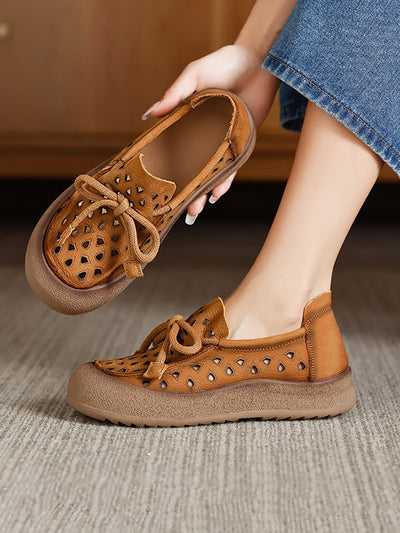 Women Summer Genuine Leather Hollow Out Flat Shoes