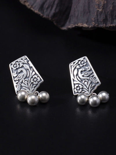 Women Vintage Silver Carve Bead Pendant Earrings