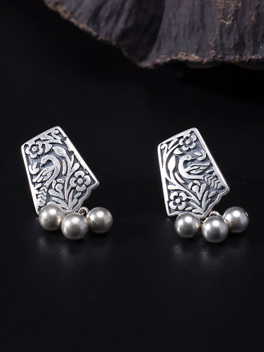 Women Vintage Silver Carve Bead Pendant Earrings