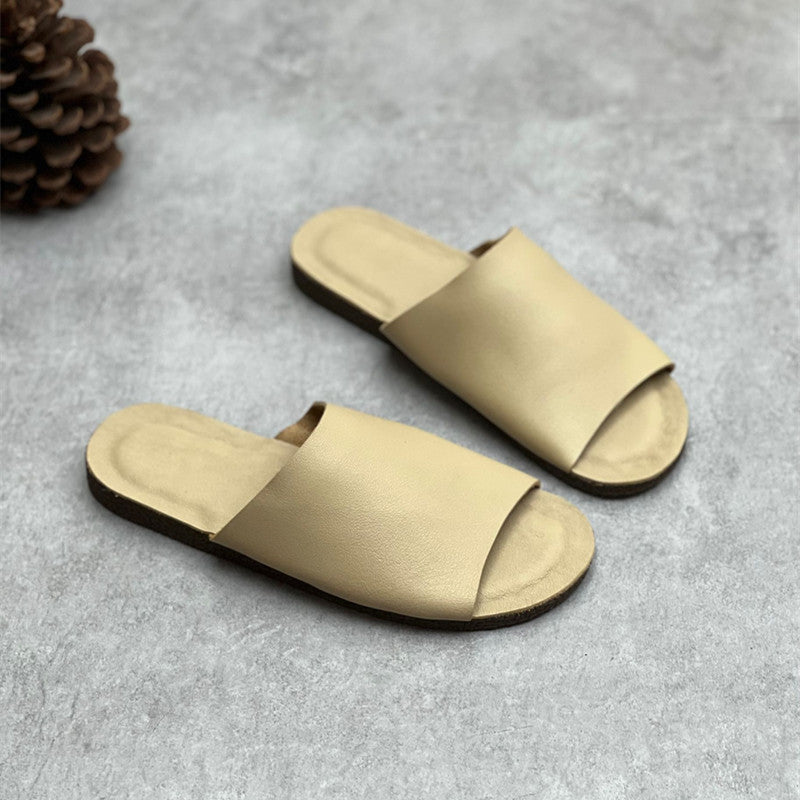Women Summer Casual Genuine Leather Solid Slippers