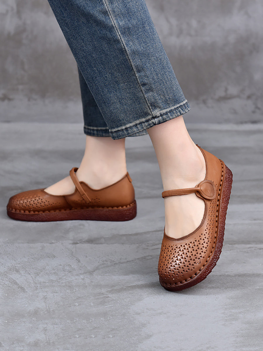 Women Ethnic Genuine Leather Hollow Out Low Heel Shoes