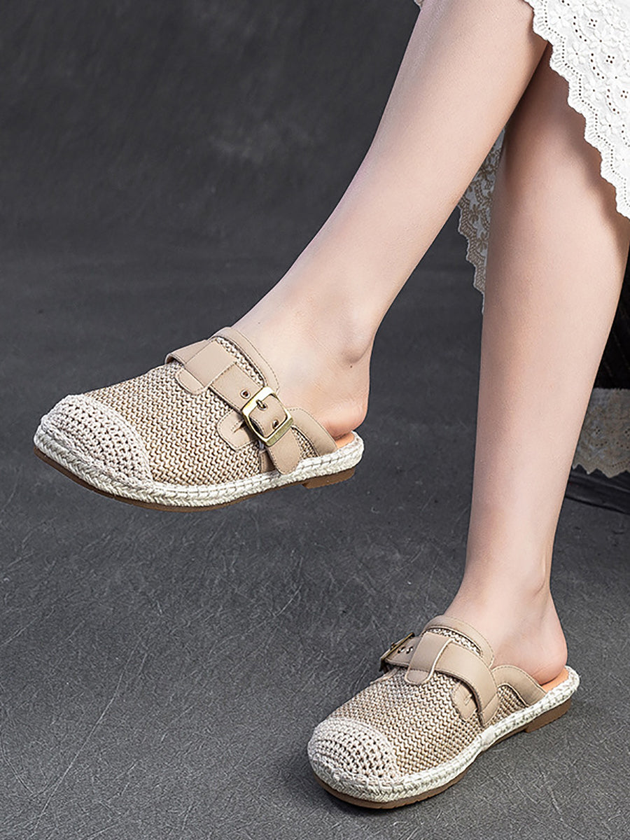 Women Summer Weave Leather Spliced Slippers