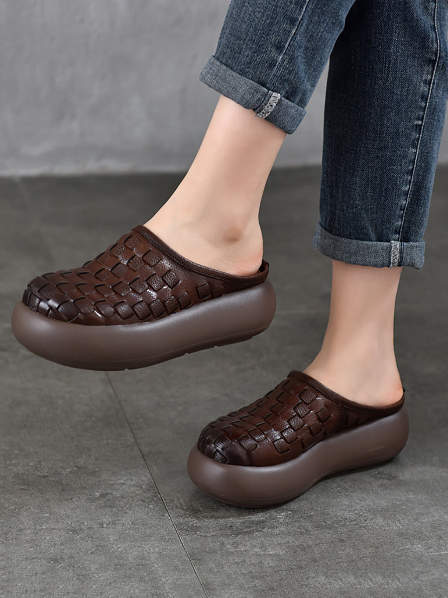 Women Genuine Leather Weave Platform Slippers