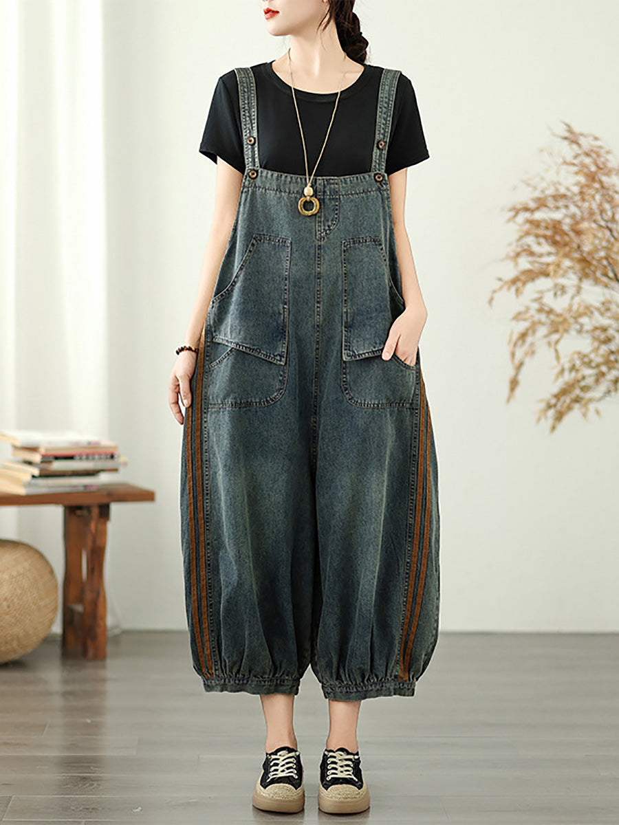 Women Summer Worn Stripe Denim Loose Jumpsuits