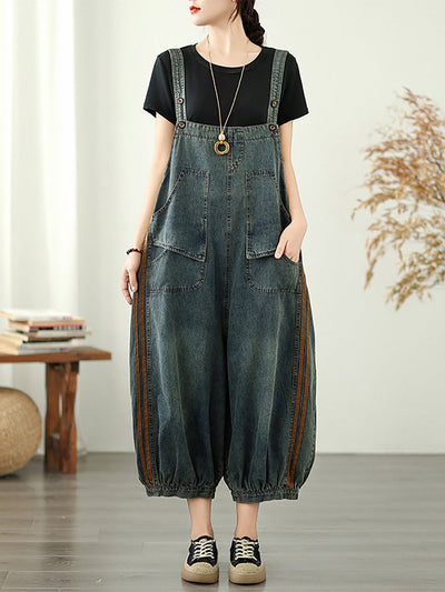 Women Summer Worn Stripe Denim Loose Jumpsuits