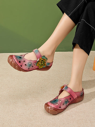 Women Artsy Colorblock Leather Flower Flat Sandals