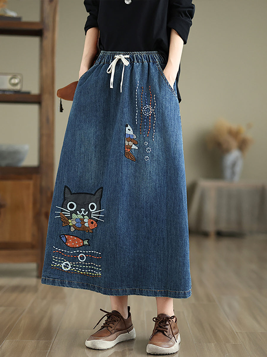 Women Spring Artsy Cat Fish Embroidery Denim Skirt