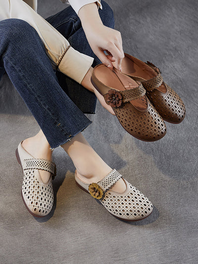Women Casual Genuine Leather Flower Low Heel Slippers