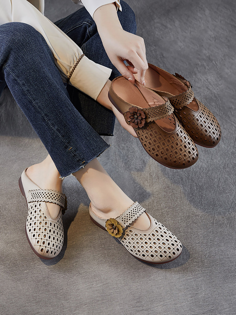 Women Casual Genuine Leather Flower Low Heel Slippers