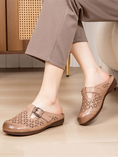 Women Vintage Genuine Leather Hollow Out Low Heel Shoes