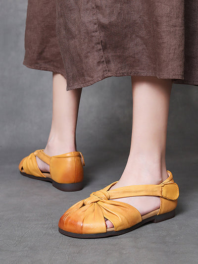 Women Summer Vintage Genuine Leather Spliced Sandals