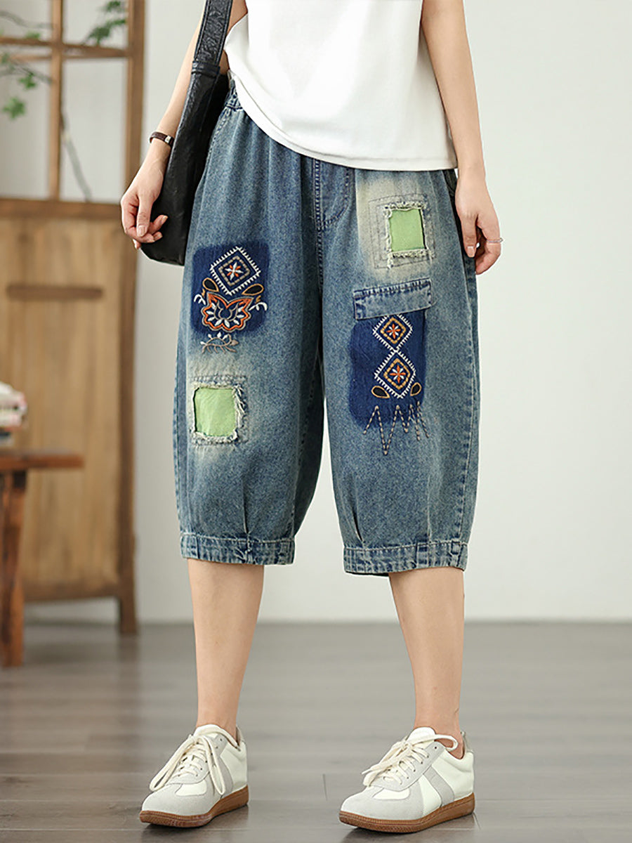 Women Retro Flower Embroidery Patchwork Denim Fifth Pants