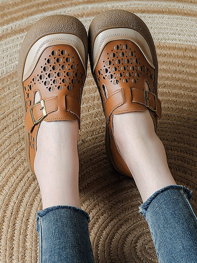 Women Summer Pure Color Leather Flat Shoes