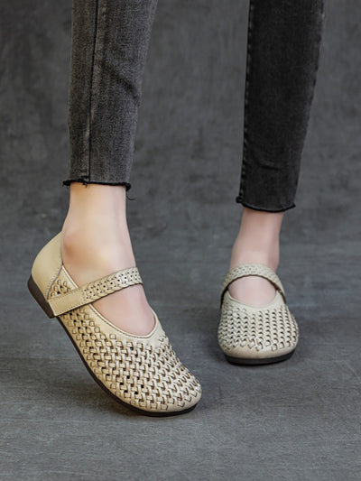 Women Summer Leather Hollow Out Low Heel Shoes