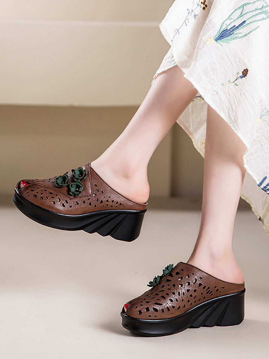 Women Summer Hollow Out Leather Platform Slippers