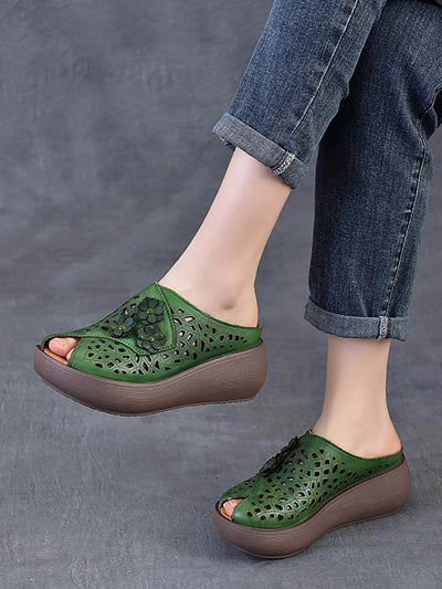 Women Ethnic Flower Leather Hollow Out Platfrom Slippers