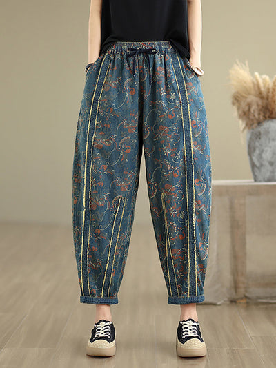Women Retro Flower Patchwork Denim Harem Pants