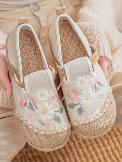 Women Ethnic Flower Embroidery Linen Flat Shoes