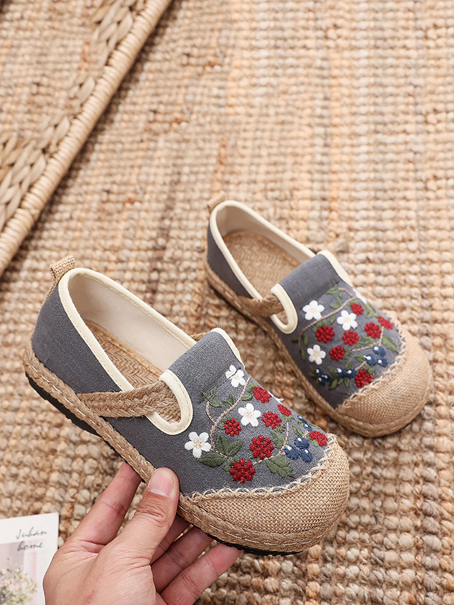 Women Ethnic Flower Embroidery Flat Linen Shoes