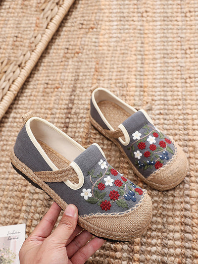 Women Ethnic Flower Embroidery Flat Linen Shoes