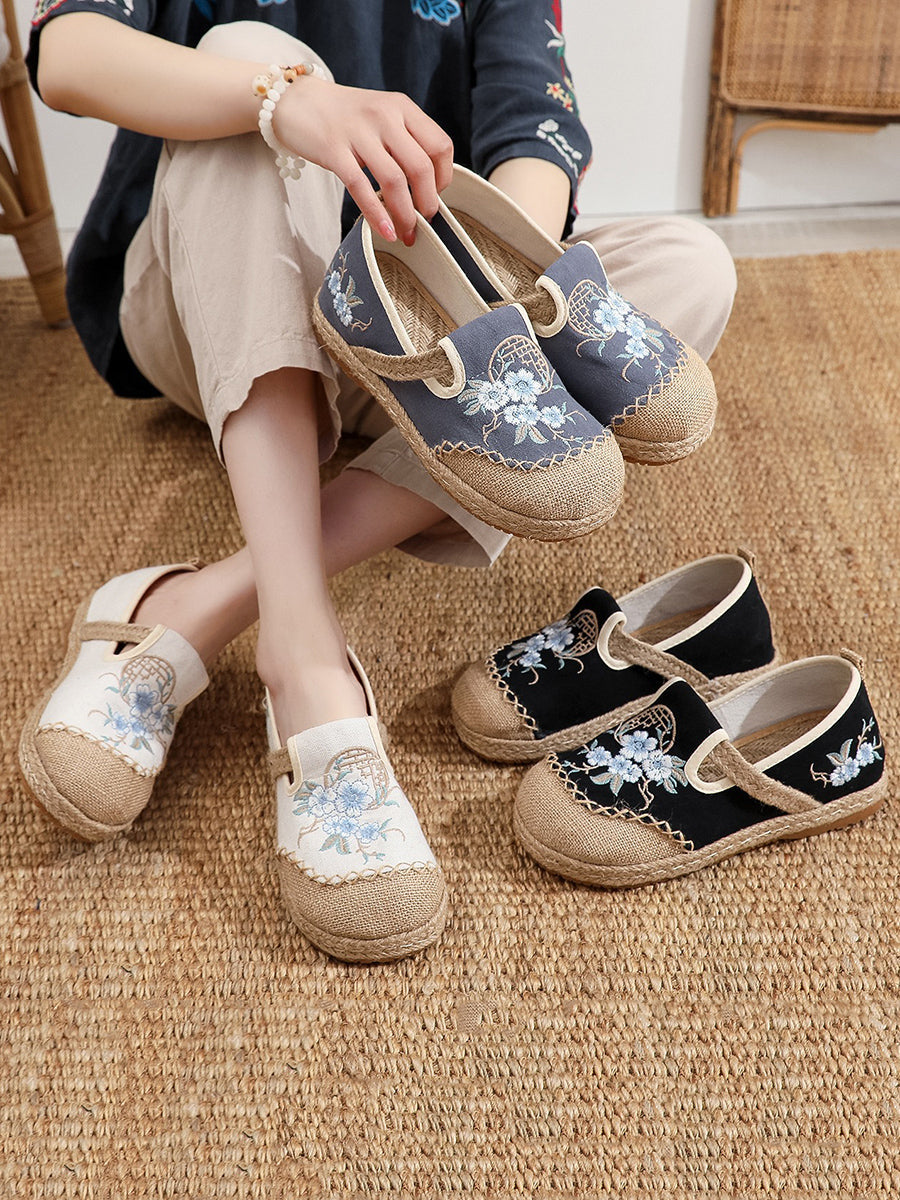 Women Vintage Summer Flower Cloth Linen Shoes