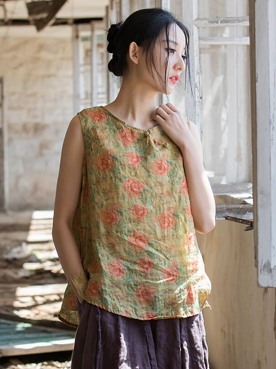 Women Summer Retro Flower Button Ramie Vest