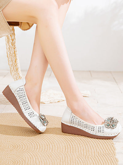 Women Summer Flower Soft Leather Platform Shoes