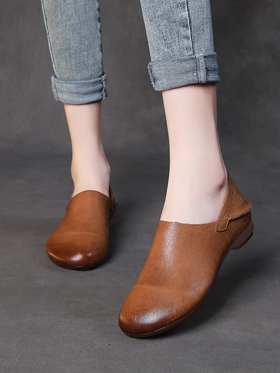 Women Retro Soft Leather Spliced Solid Low-Heel Shoes