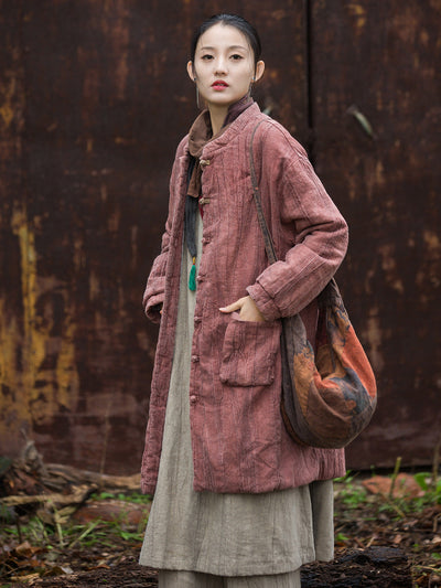 Women Winter Ethnic Solid Ramie Padded Long Coat