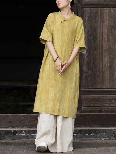 Women Summer Artsy Tie-dye Stand Collar Ramie Dress