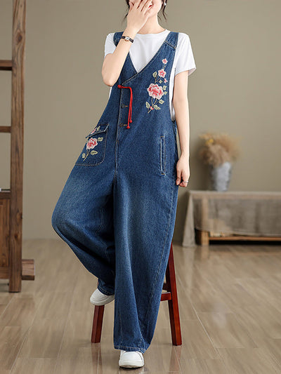 Women Spring Vintage Flower Embroidery Denim Jumpsuits