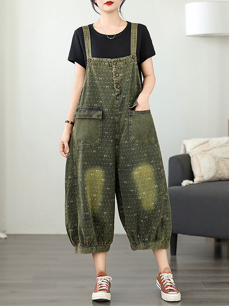 Women Summer Retro Print Denim Cropped Jumpsuits