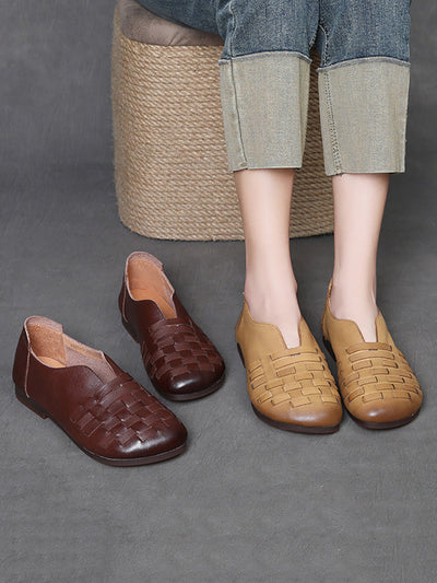 Women Retro Leather Weave Low Heel Shoes