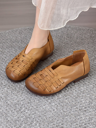 Women Vintage Genuine Leather Weave Low Heel Shoes