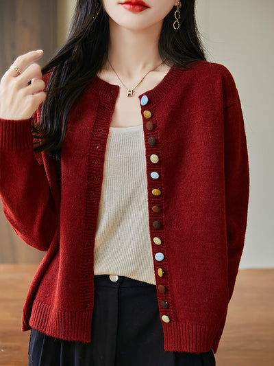 Women Autumn 100%Wool Colorful Button O-Neck Sweater