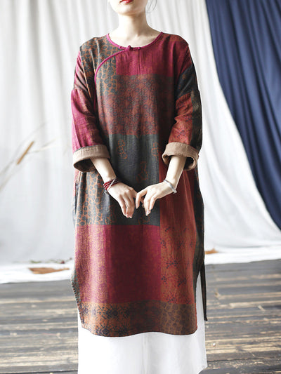 Women Vintage Spring Spliced Cotton Robe Dress