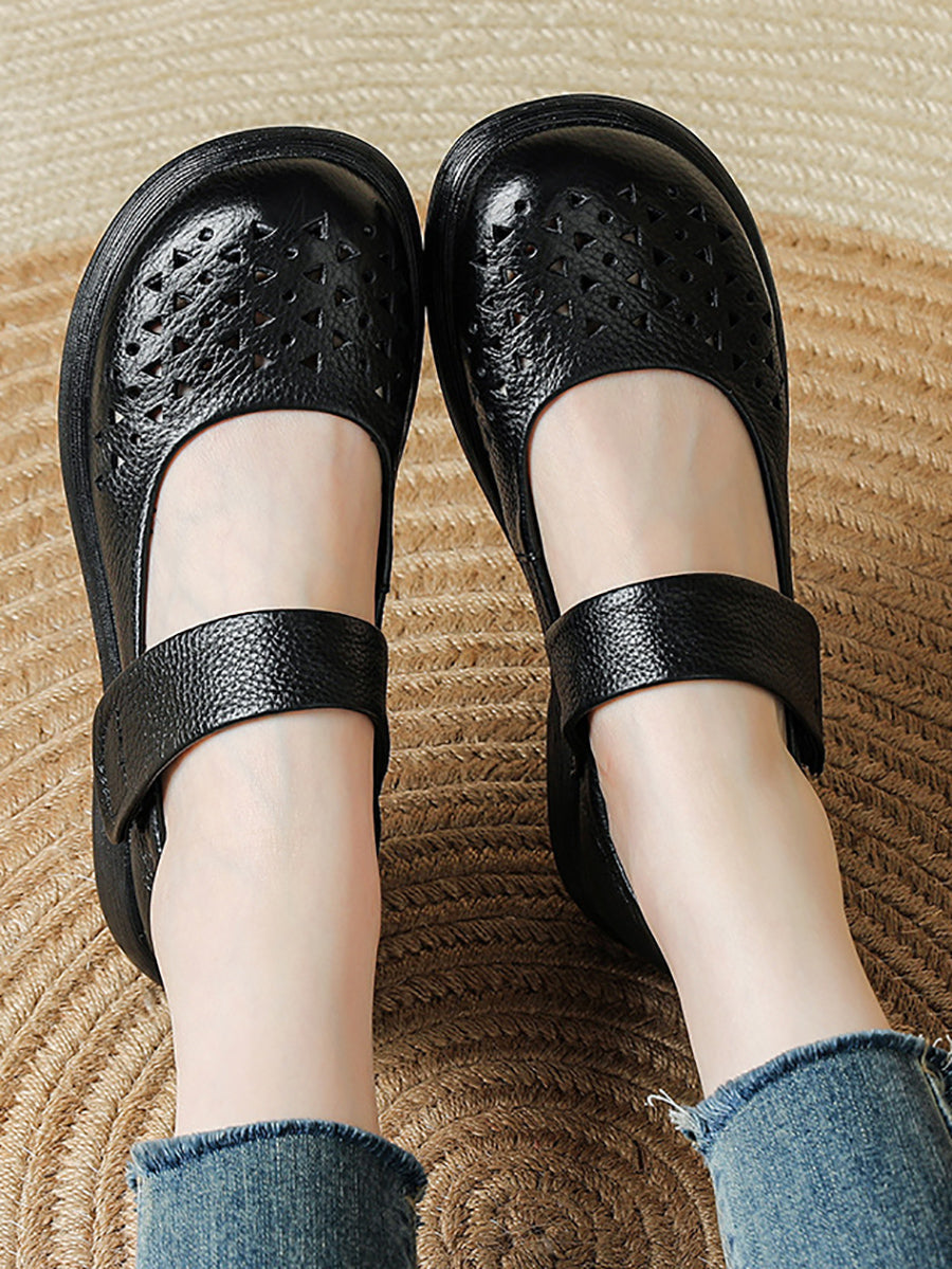 Women Vintage Summer Leather Hollow Out Platfrom Shoes