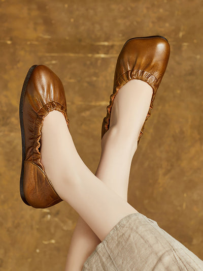 Women Summer Pure Color Soft Leather Flat Shoes