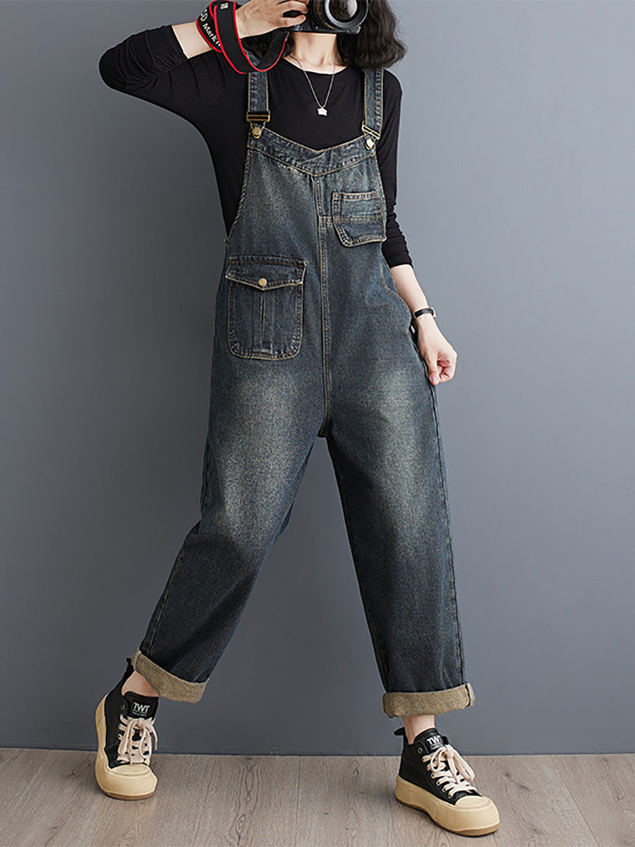 Women Summer Retro Pure Color Denim Long Jumpsuits