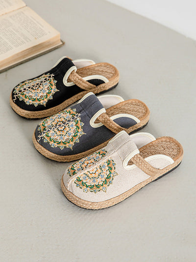 Women Summer Flower Embroidery Linen Slippers