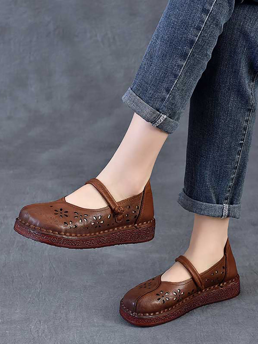 Women Vintage Leather Flower Hollow Out Low Heel Shoes