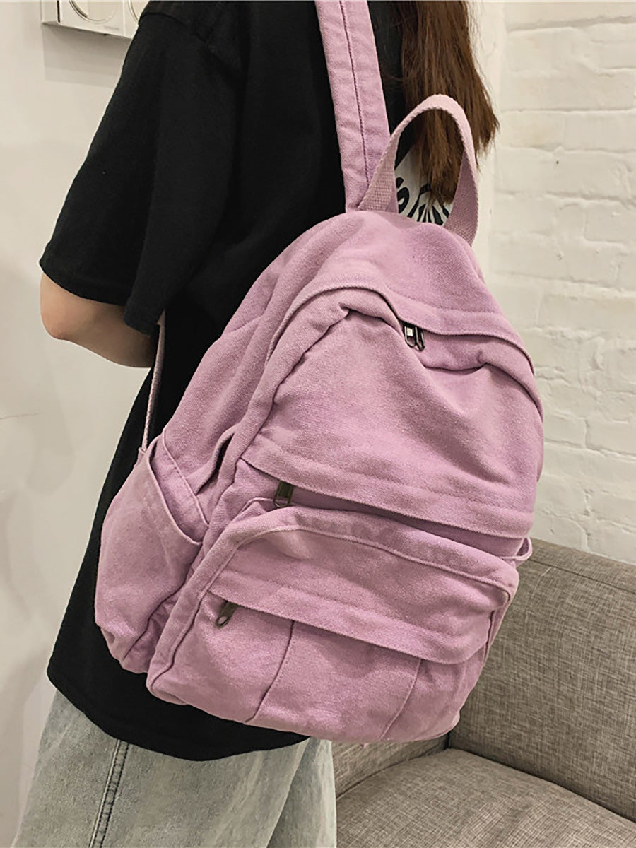 Women Casual Pure Color Canvas Backpack