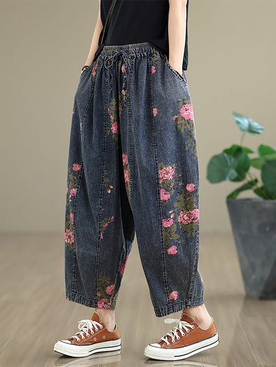 Women Casual Summer Flower Denim Harem Pants