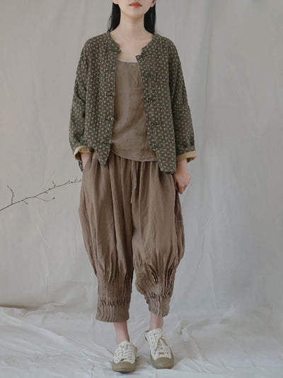 Plus Size Women Ethnic Autumn Floral Button-up Cotton Coat